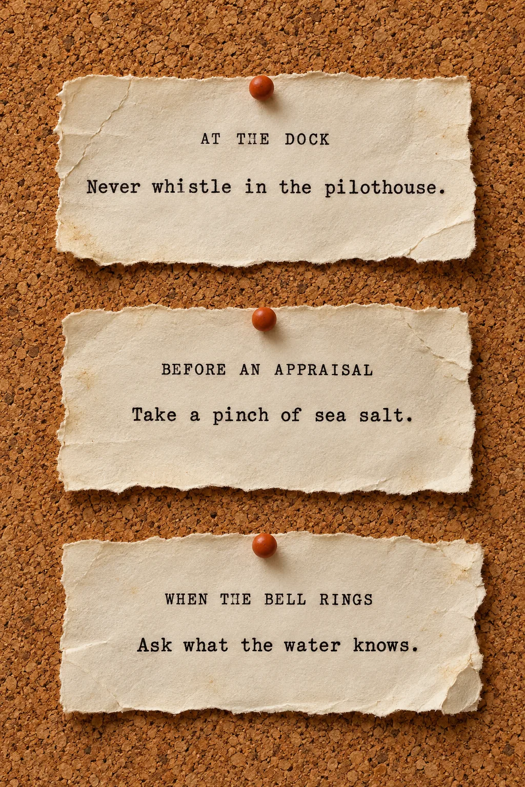 Three typewritten island notes pinned to cork. At the dock: Never whistle in the pilothouse. Before an appraisal: Take a pinch of sea salt. When the bell rings: Ask what the water knows.