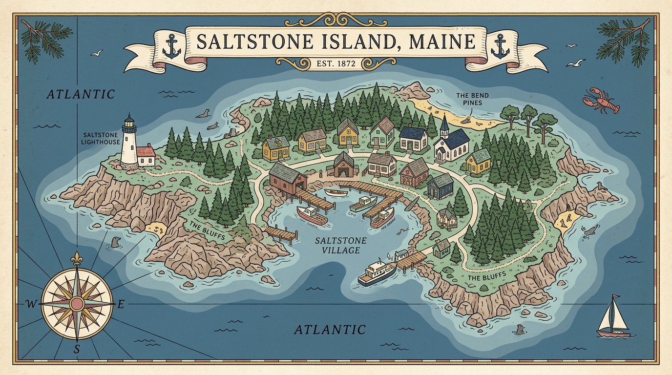 Illustrated map of Saltstone Island, including its lighthouse, harbor, village, and bluffs